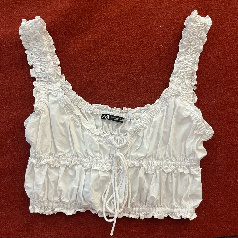 Zara White Ruffled Poplin Crop Top Milkmaid Size Small
